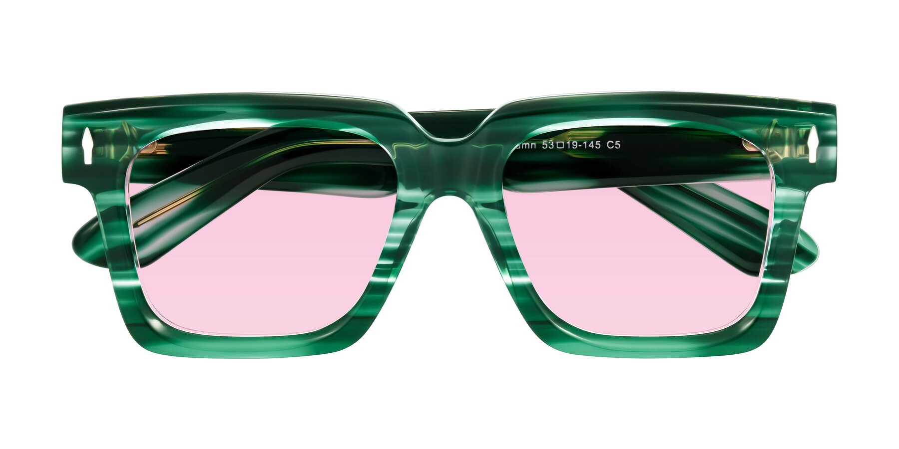 Folded Front of Phamn in Dark Green Striped with Light Pink Tinted Lenses