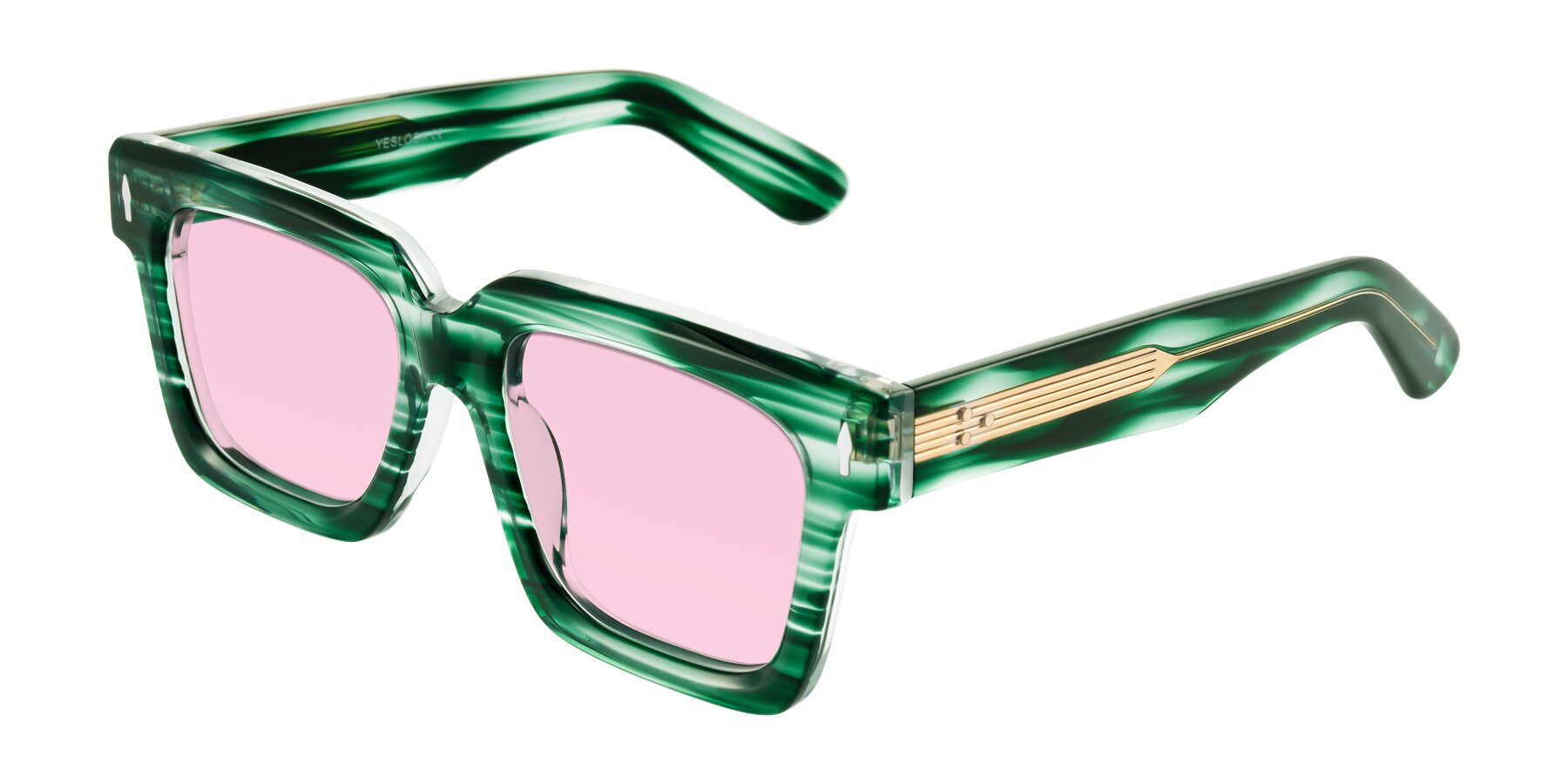 Angle of Phamn in Dark Green Striped with Light Pink Tinted Lenses