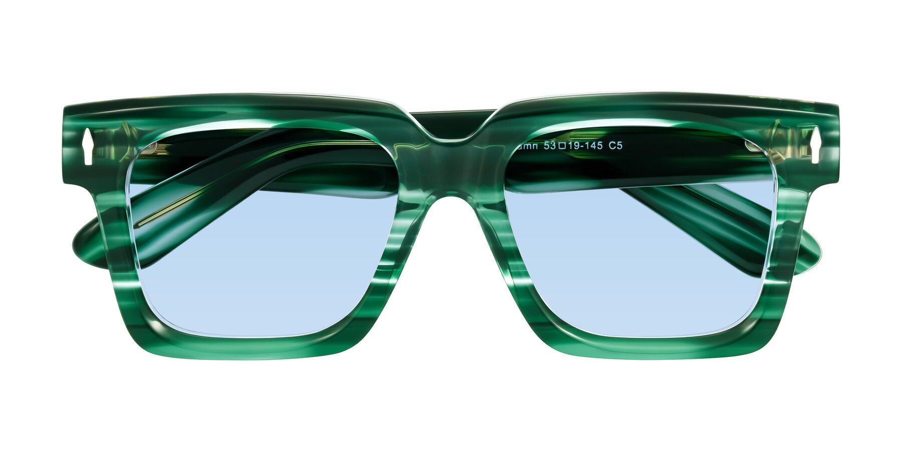 Folded Front of Phamn in Dark Green Striped with Light Blue Tinted Lenses