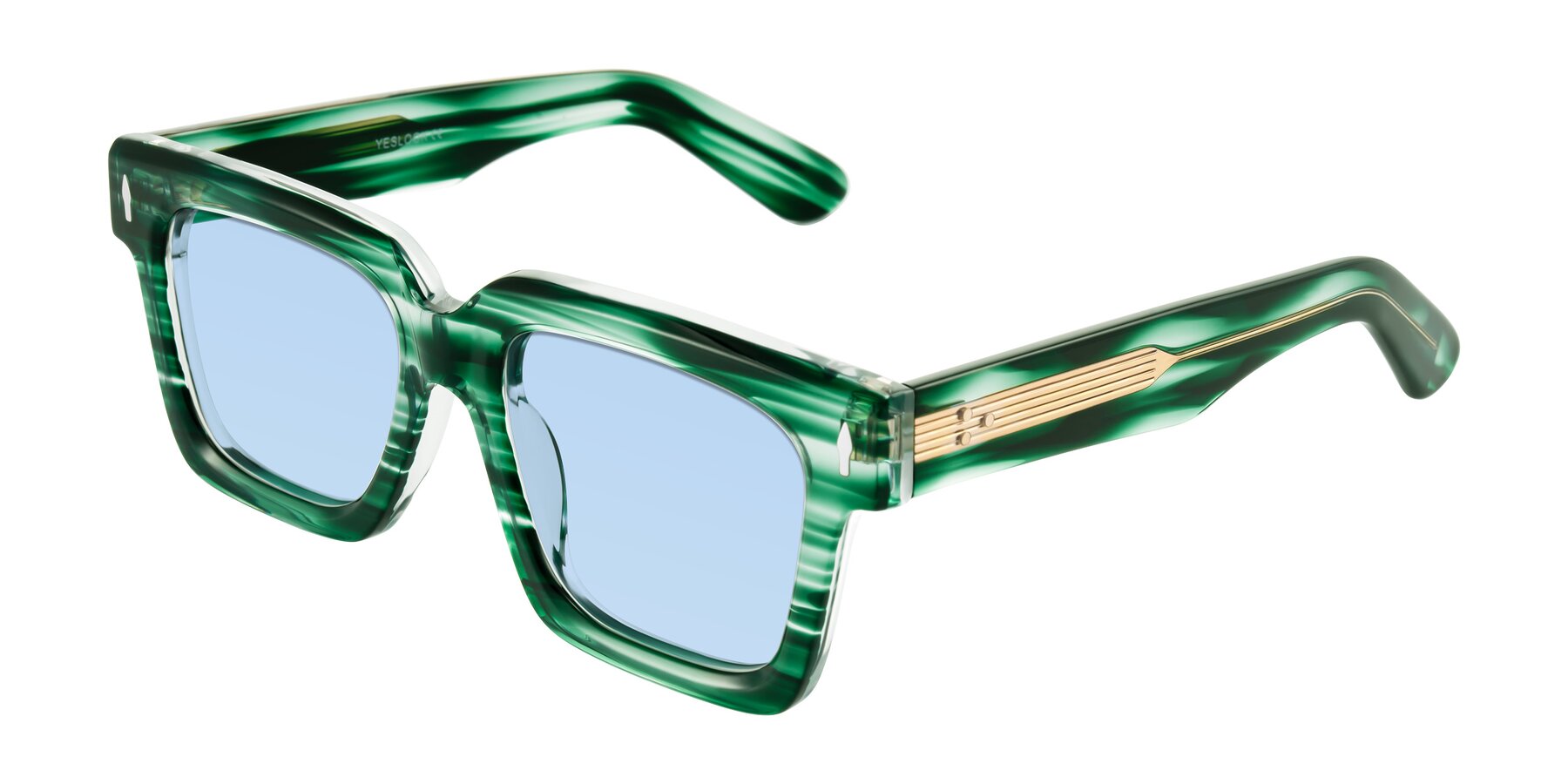 Angle of Phamn in Dark Green Striped with Light Blue Tinted Lenses