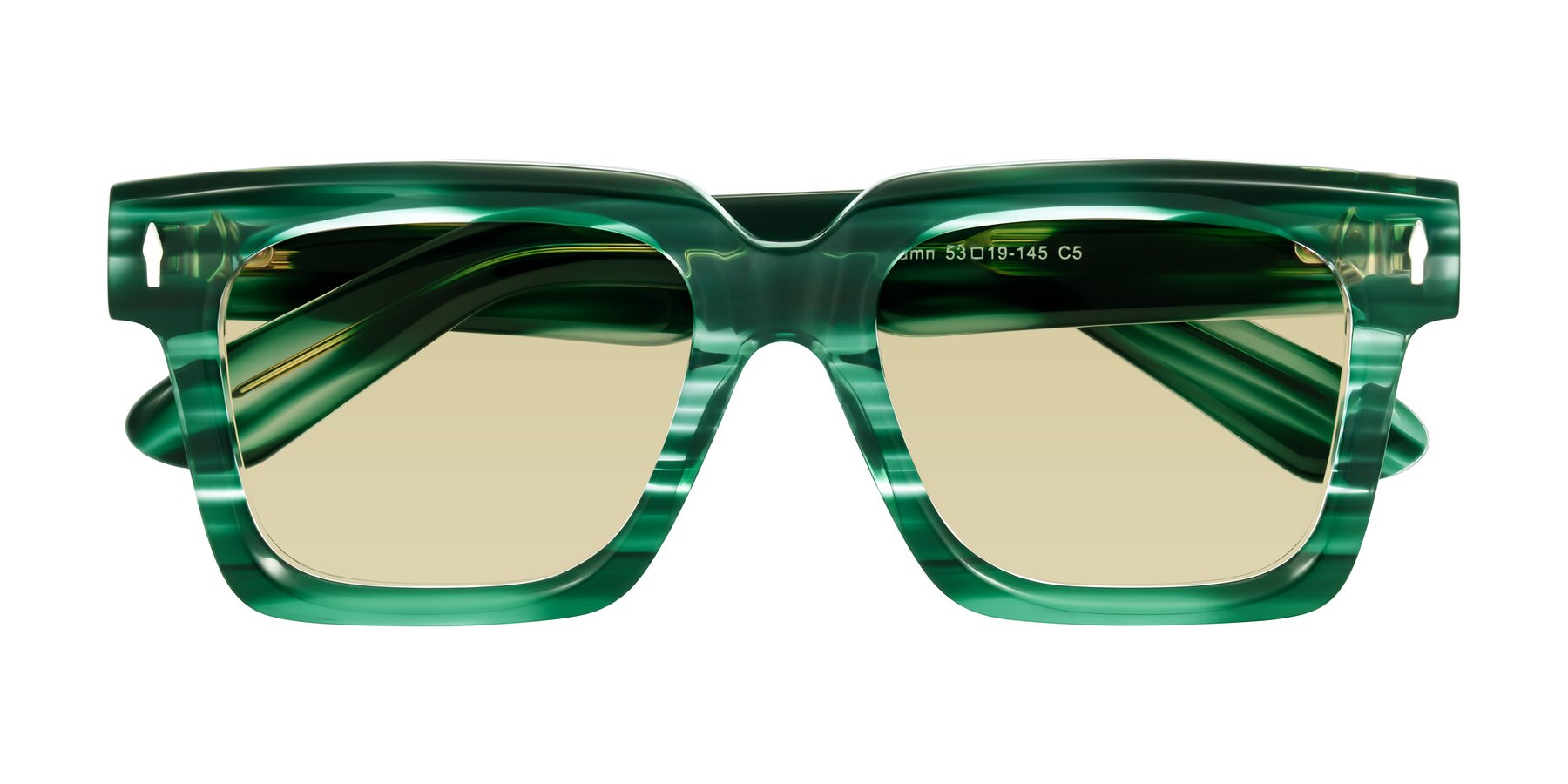 Folded Front of Phamn in Dark Green Striped with Light Champagne Tinted Lenses