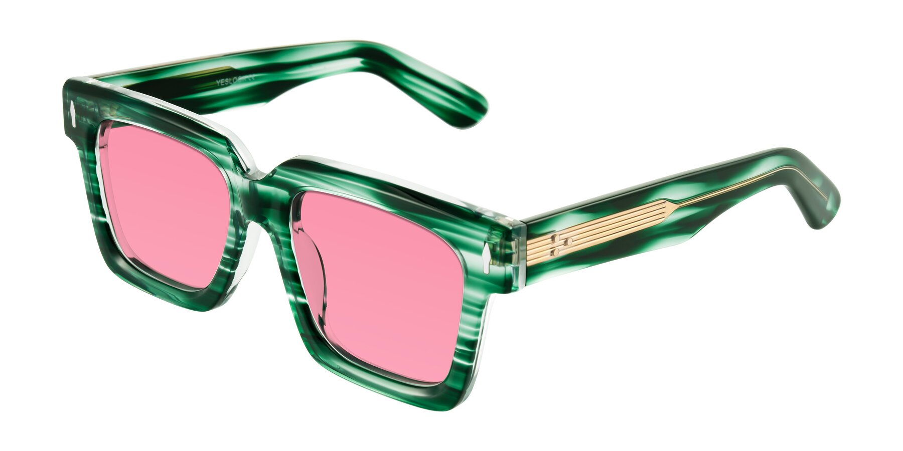 Angle of Phamn in Dark Green Striped with Pink Tinted Lenses