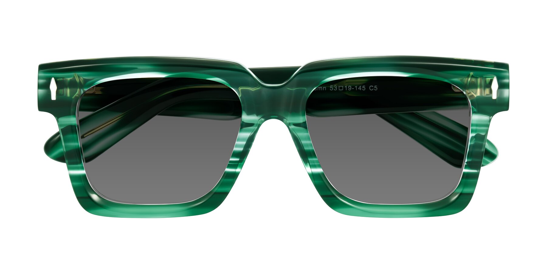 Folded Front of Phamn in Dark Green Striped with Medium Gray Tinted Lenses