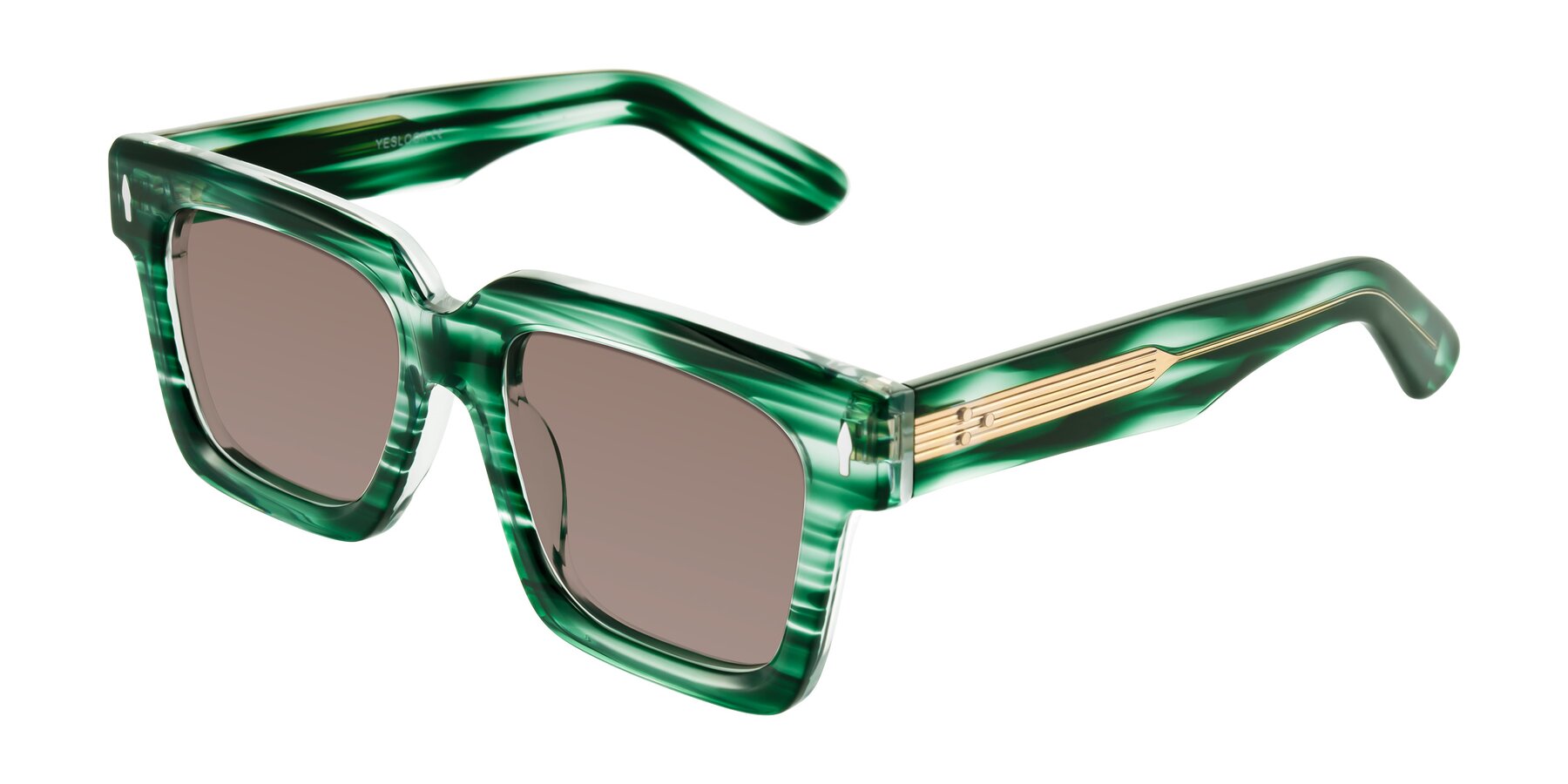 Angle of Phamn in Dark Green Striped with Medium Brown Tinted Lenses