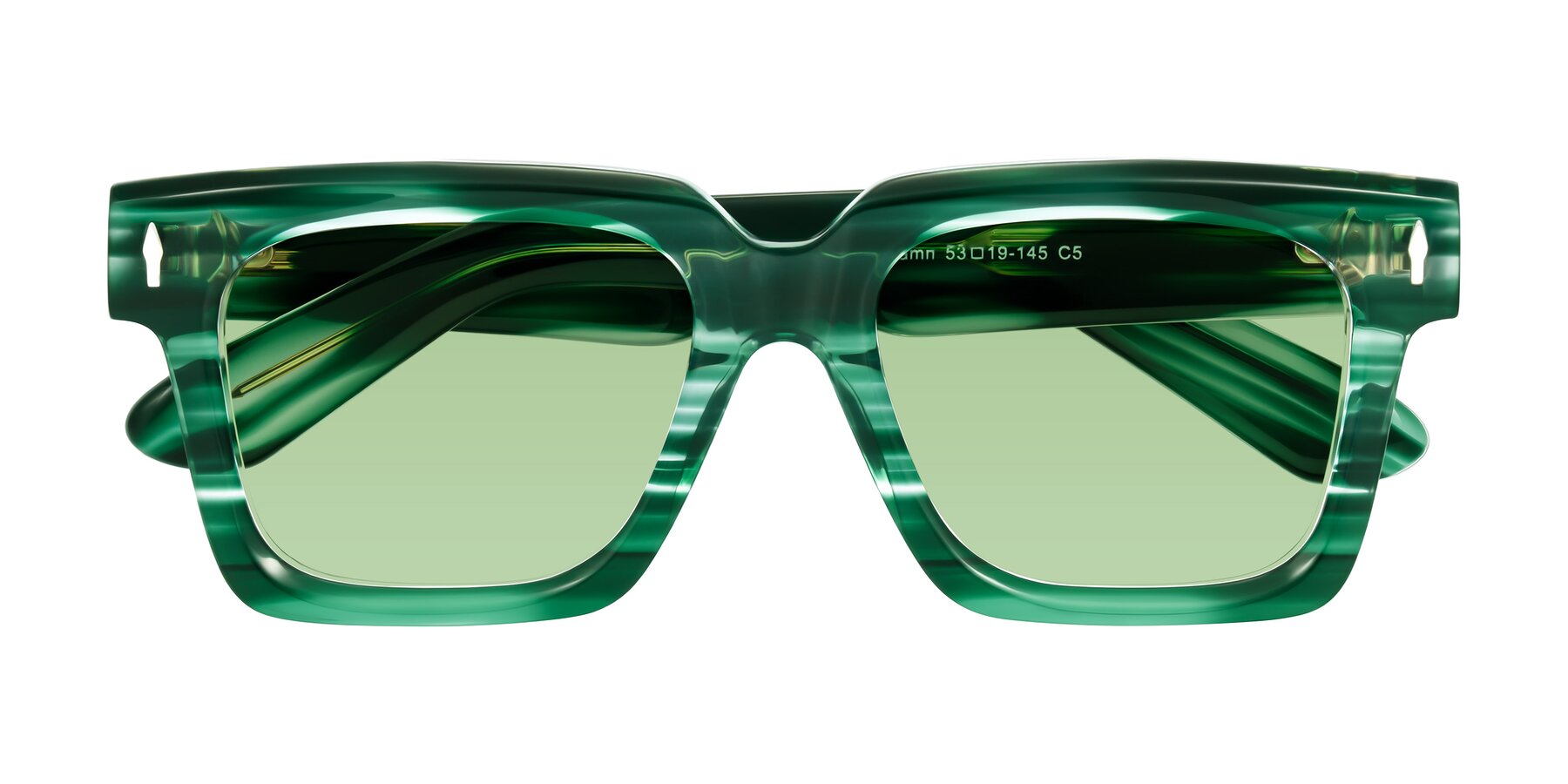 Folded Front of Phamn in Dark Green Striped with Medium Green Tinted Lenses