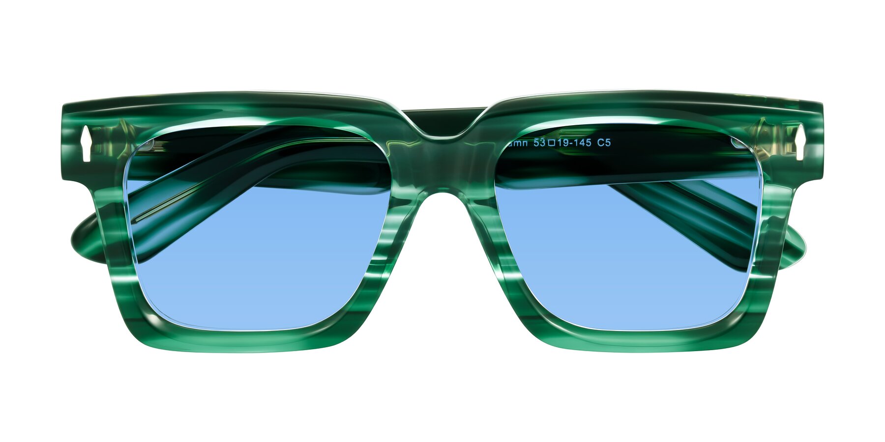 Folded Front of Phamn in Dark Green Striped with Medium Blue Tinted Lenses