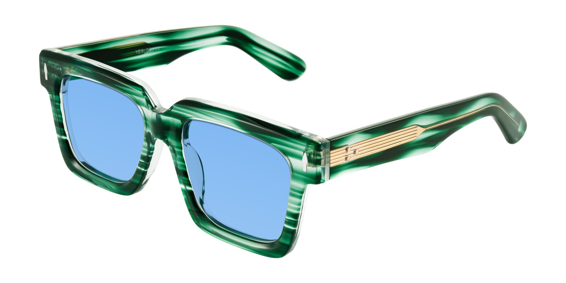 Angle of Phamn in Dark Green Striped with Medium Blue Tinted Lenses