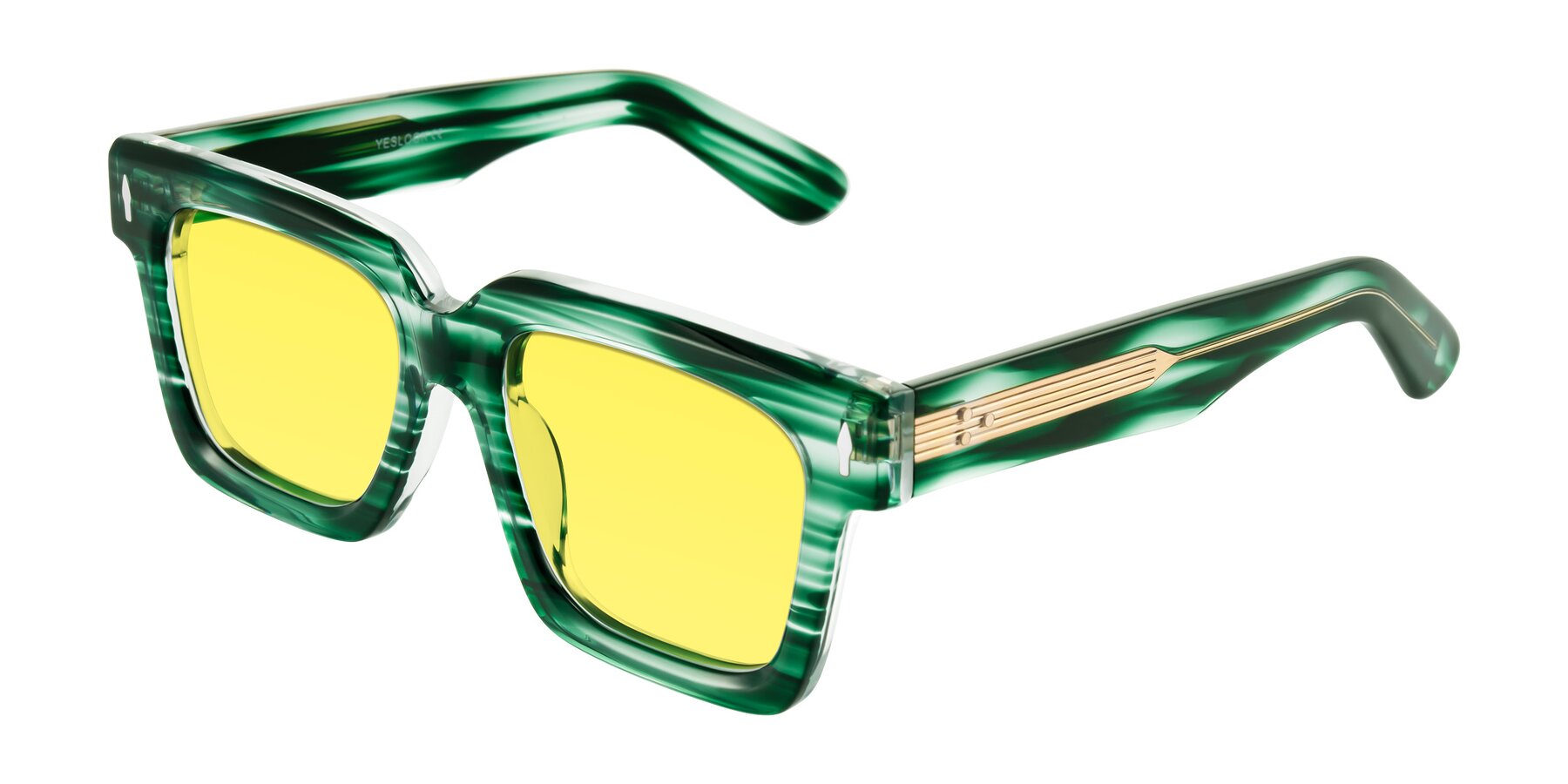 Angle of Phamn in Dark Green Striped with Medium Yellow Tinted Lenses