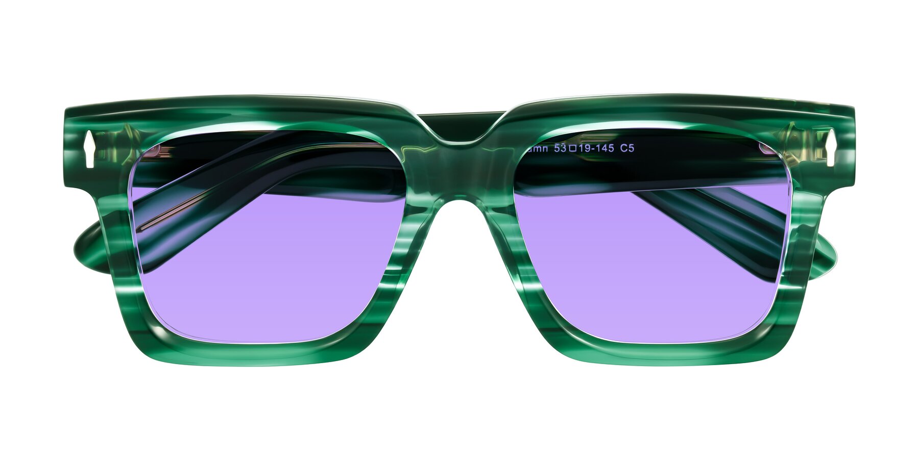 Folded Front of Phamn in Dark Green Striped with Medium Purple Tinted Lenses