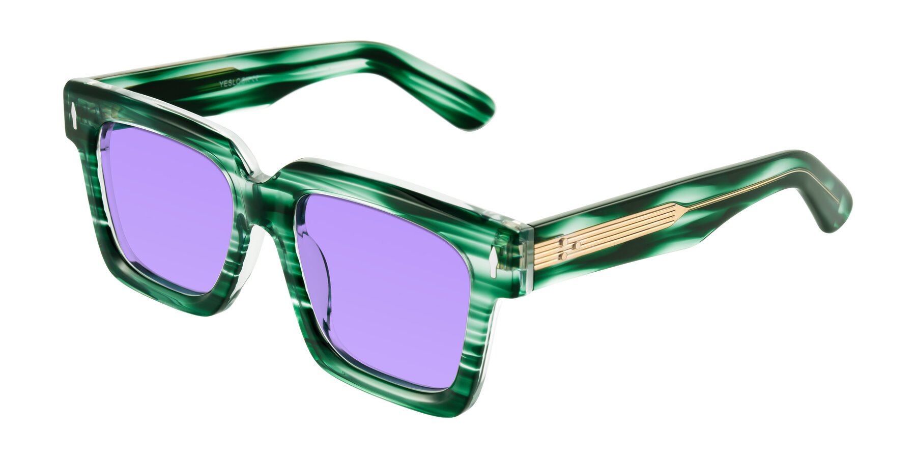 Angle of Phamn in Dark Green Striped with Medium Purple Tinted Lenses
