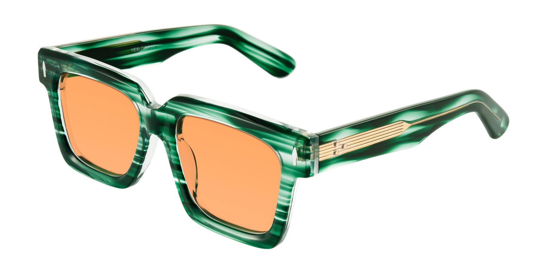 Angle of Phamn in Dark Green Striped with Medium Orange Tinted Lenses