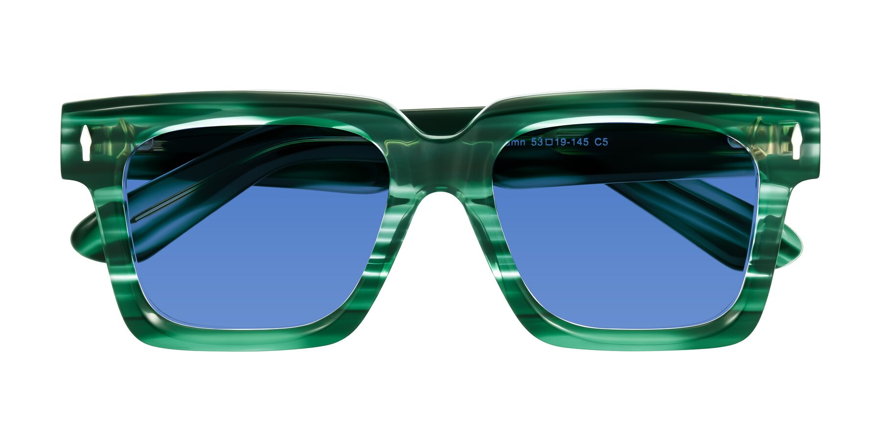 Folded Front of Phamn in Dark Green Striped with Blue Tinted Lenses