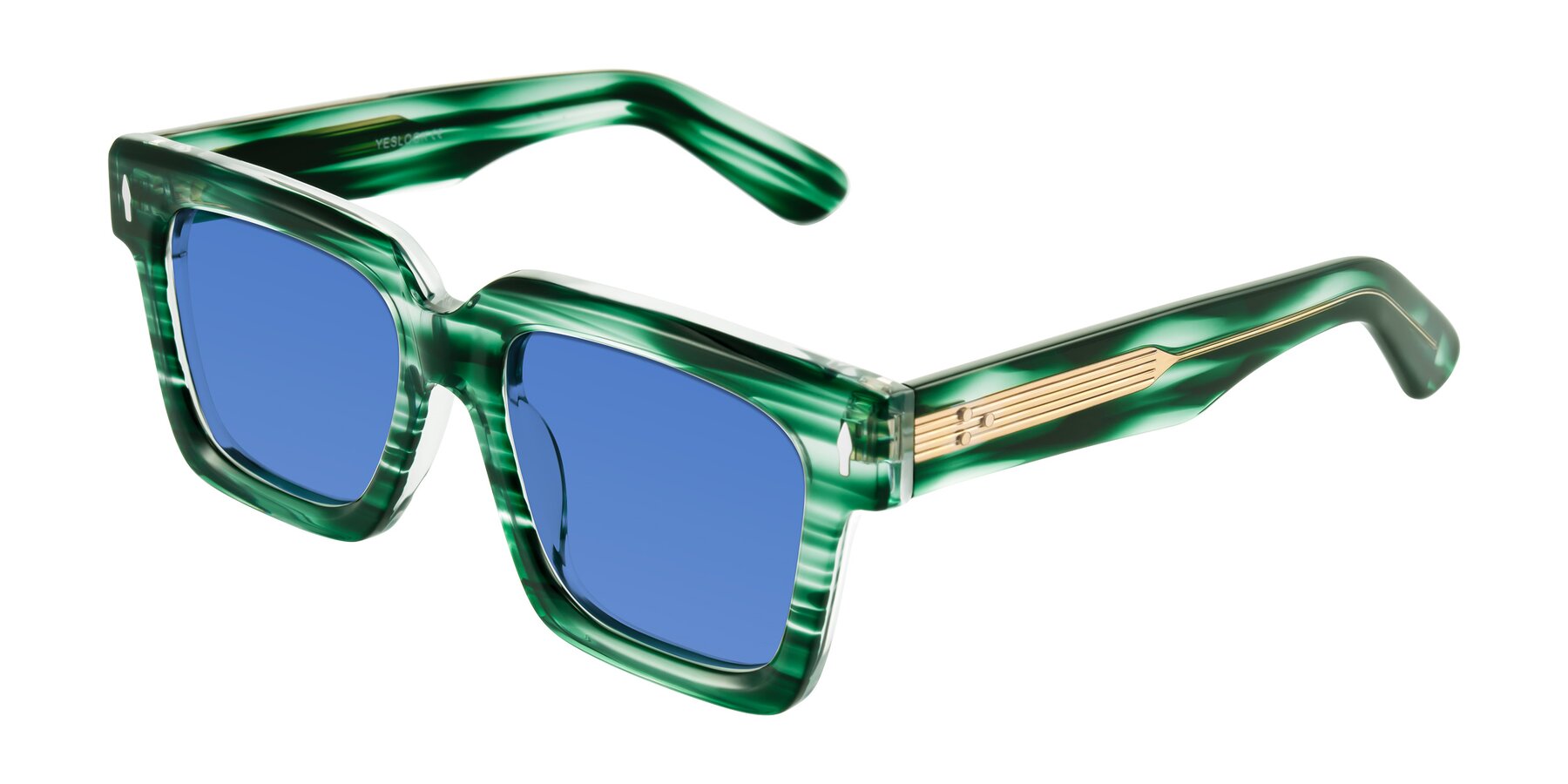 Angle of Phamn in Dark Green Striped with Blue Tinted Lenses