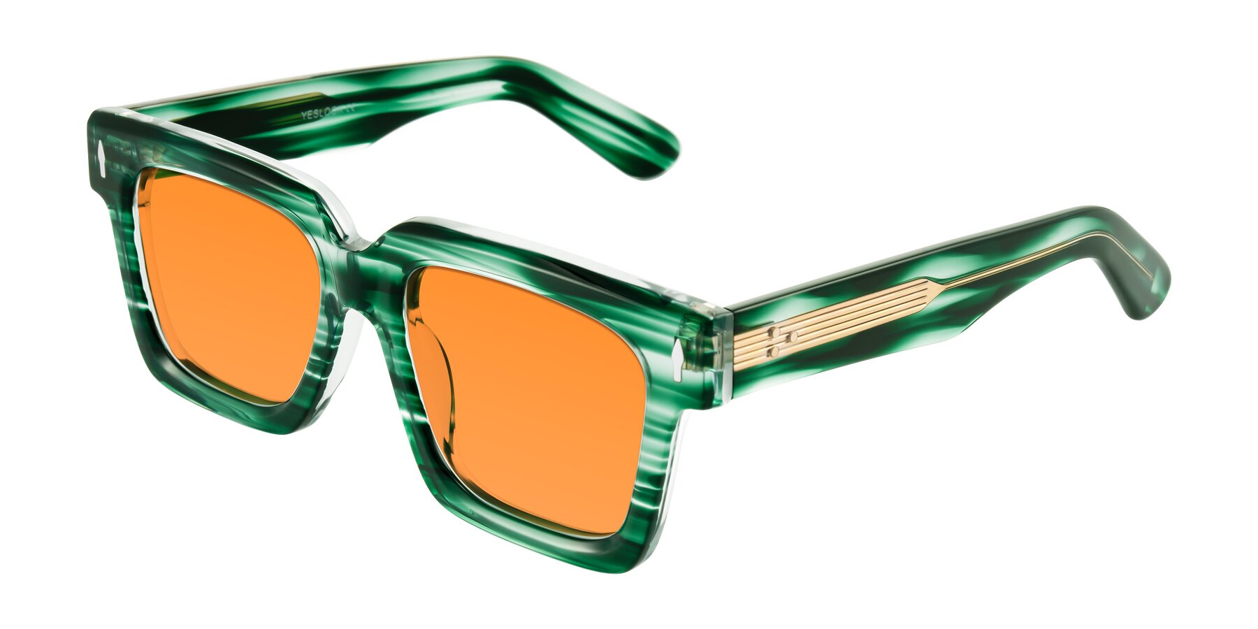 Angle of Phamn in Dark Green Striped with Orange Tinted Lenses
