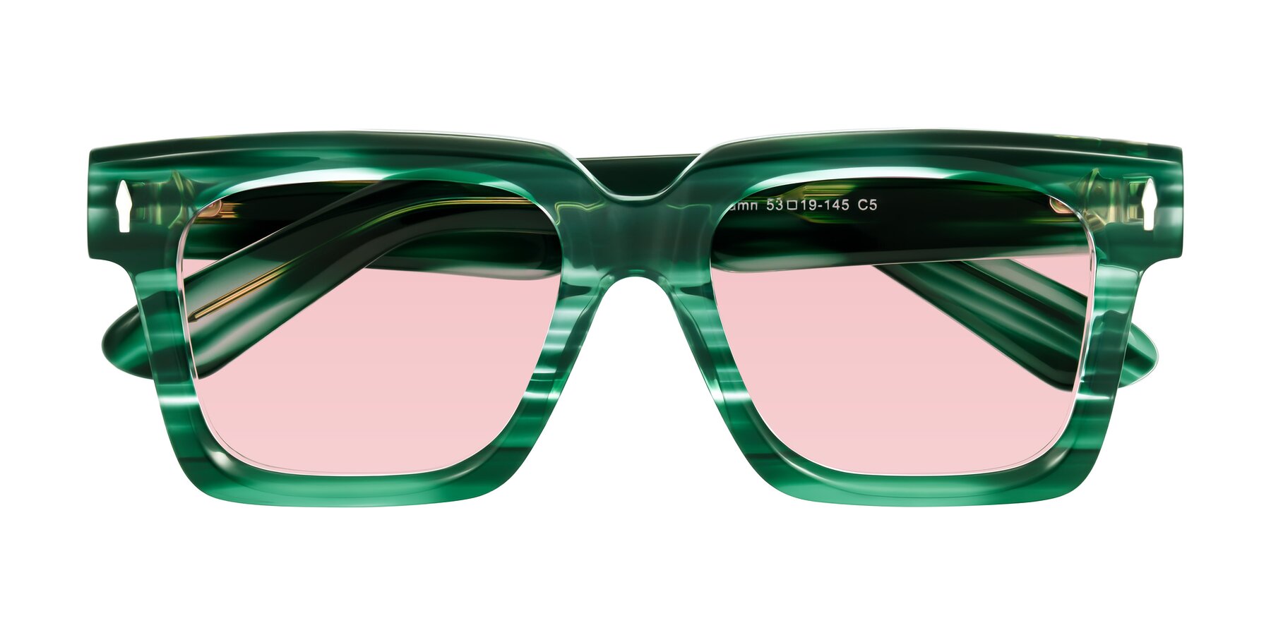 Folded Front of Phamn in Dark Green Striped with Light Garnet Tinted Lenses
