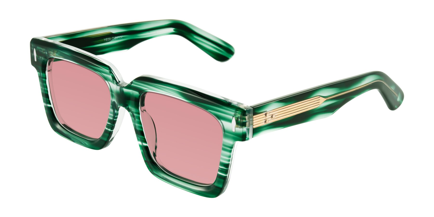 Angle of Phamn in Dark Green Striped with Medium Garnet Tinted Lenses