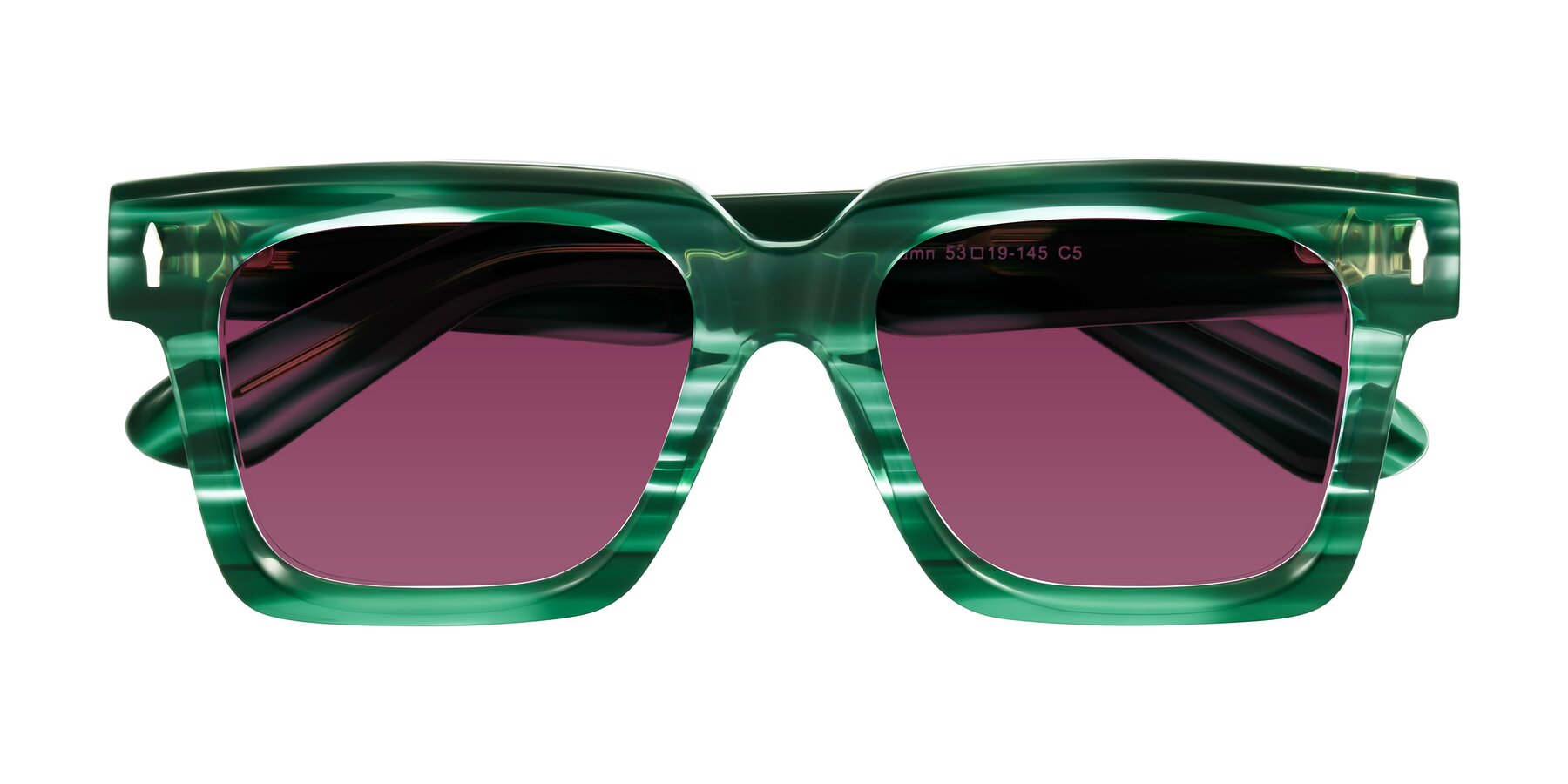 Folded Front of Phamn in Dark Green Striped with Wine Tinted Lenses