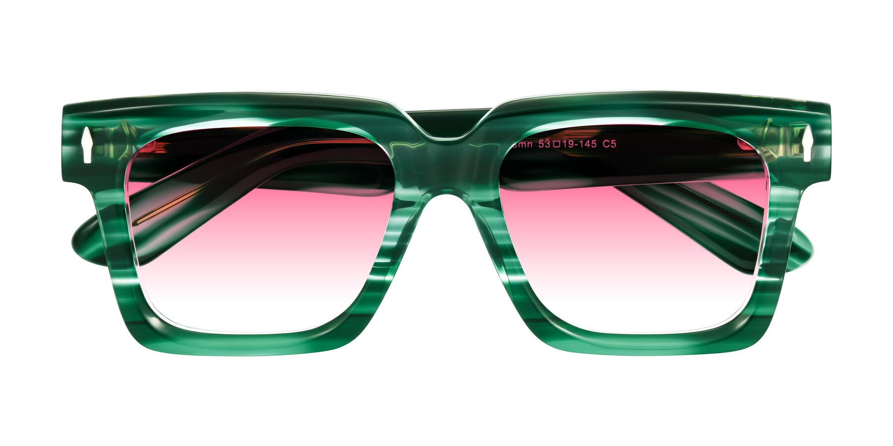 Folded Front of Phamn in Dark Green Striped with Pink Gradient Lenses
