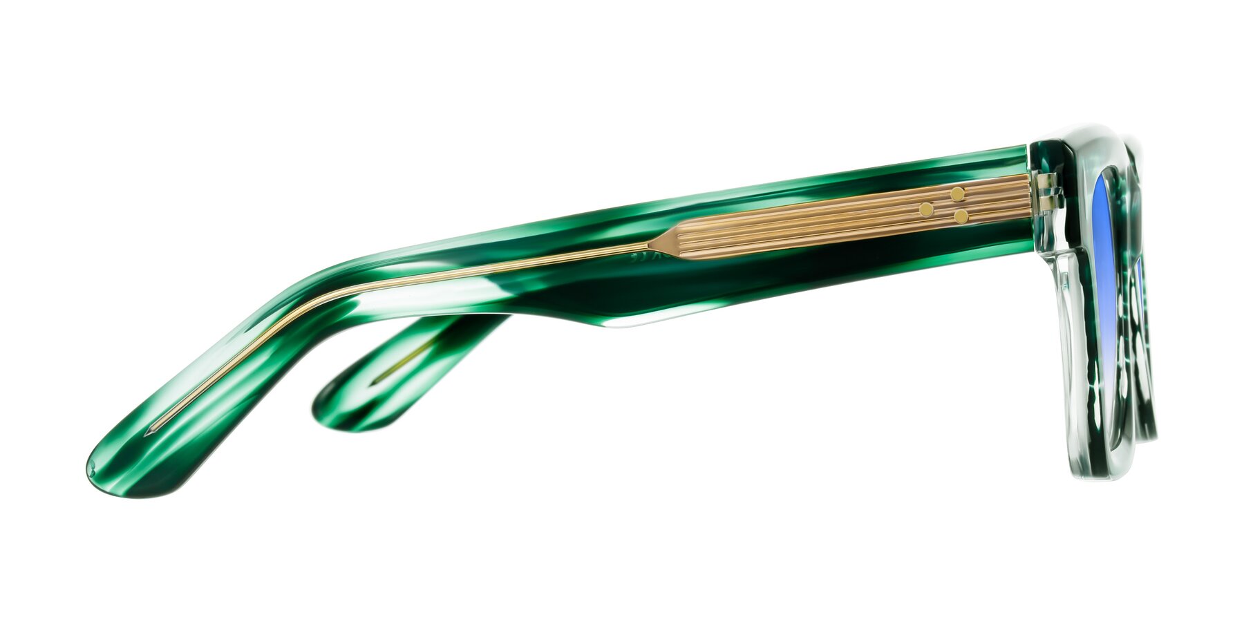 Side of Phamn in Dark Green Striped with Blue Gradient Lenses