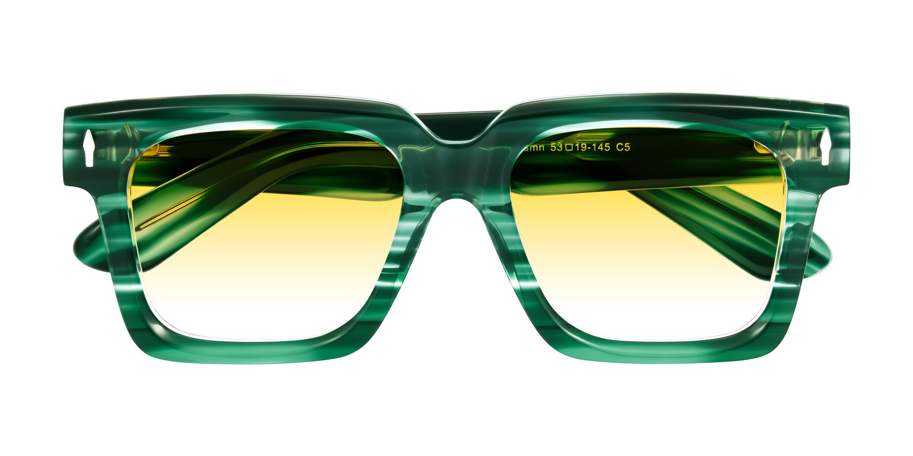 Folded Front of Phamn in Dark Green Striped with Yellow Gradient Lenses