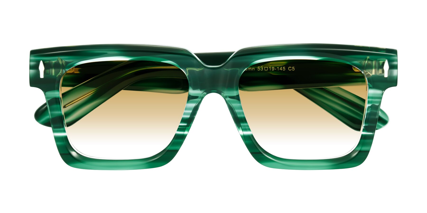 Folded Front of Phamn in Dark Green Striped with Champagne Gradient Lenses