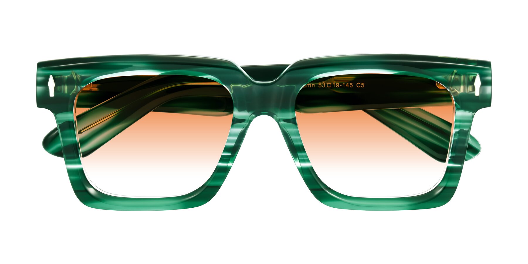 Folded Front of Phamn in Dark Green Striped with Orange Gradient Lenses