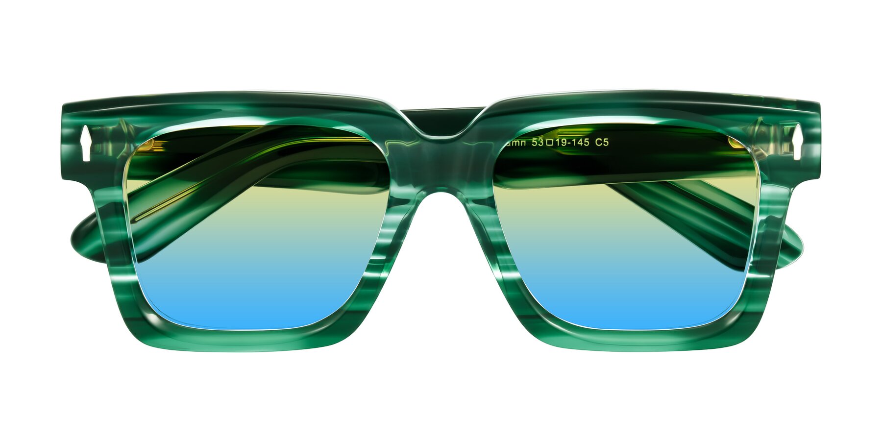 Folded Front of Phamn in Dark Green Striped with Yellow / Blue Gradient Lenses