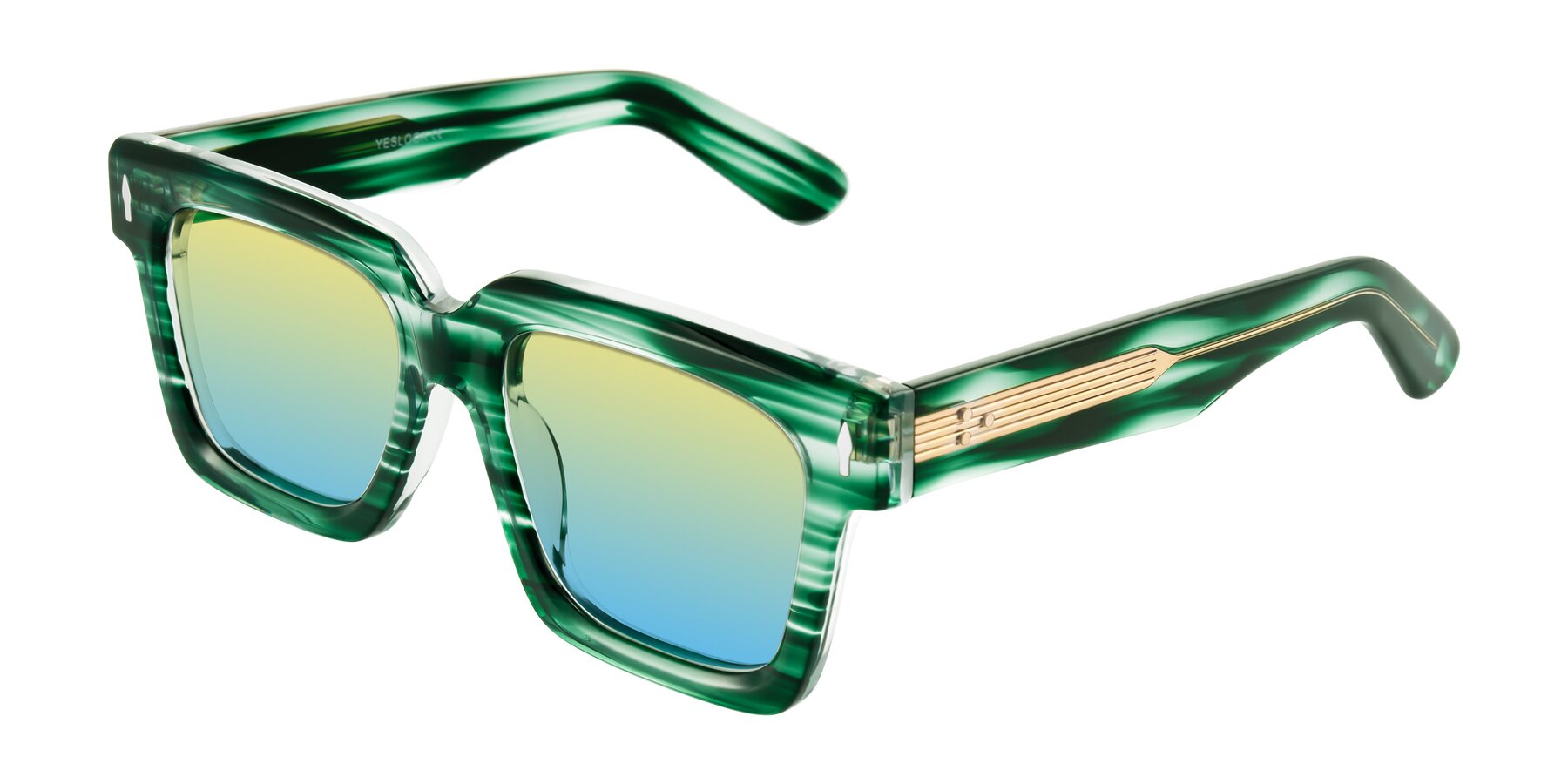 Angle of Phamn in Dark Green Striped with Yellow / Blue Gradient Lenses