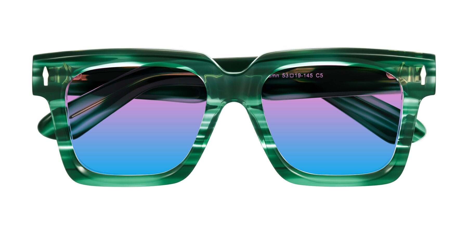 Folded Front of Phamn in Dark Green Striped with Pink / Blue Gradient Lenses