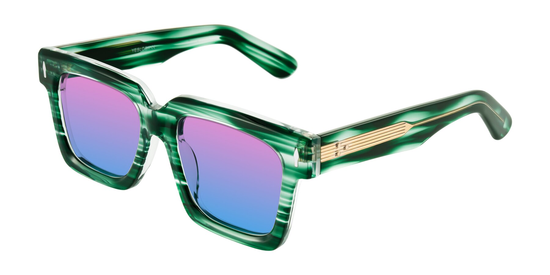 Angle of Phamn in Dark Green Striped with Pink / Blue Gradient Lenses