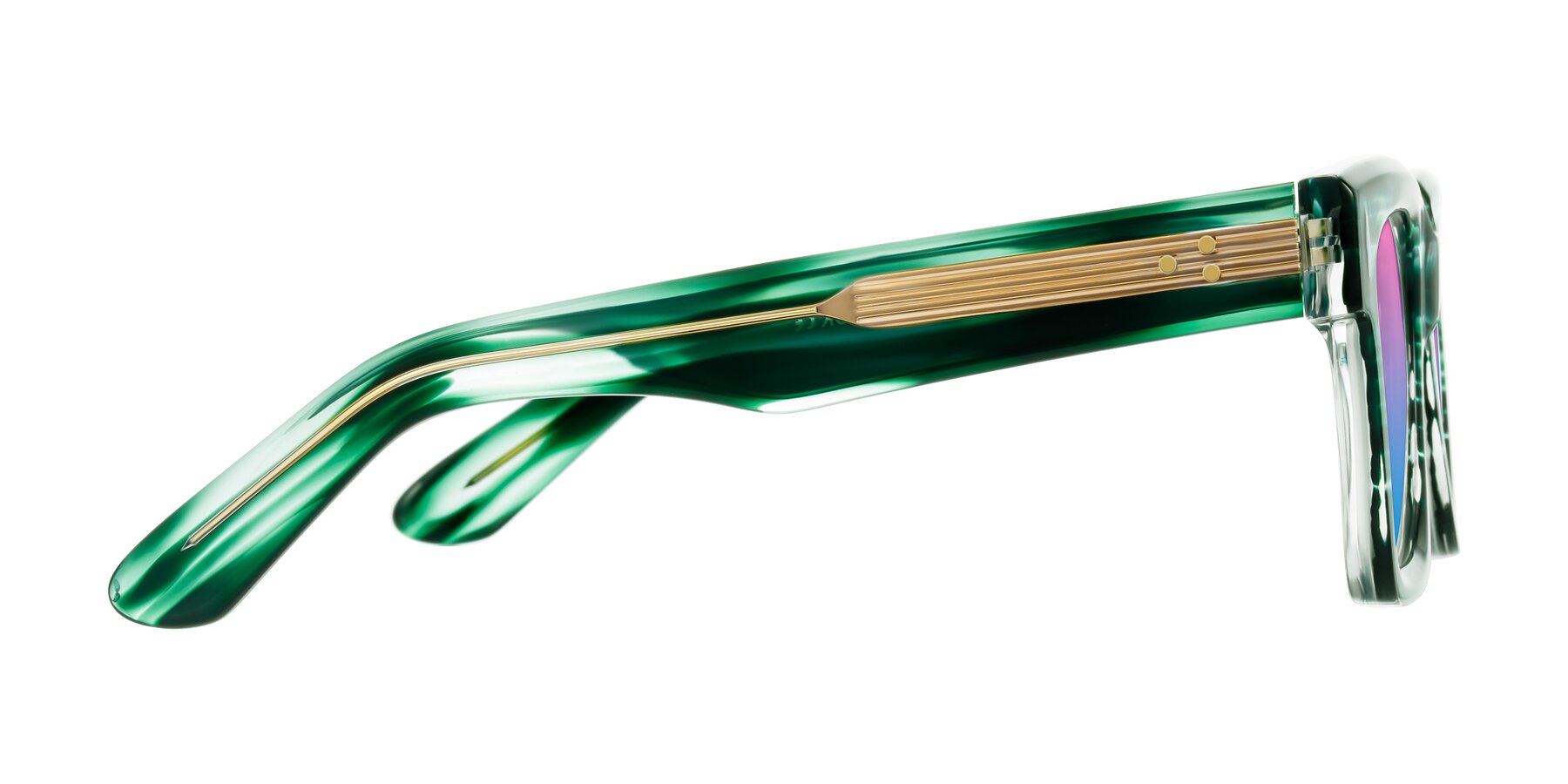 Side of Phamn in Dark Green Striped with Pink / Blue Gradient Lenses