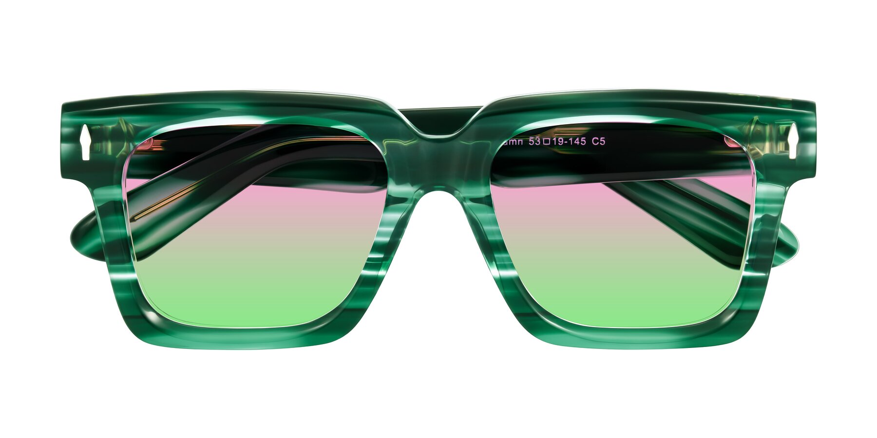 Folded Front of Phamn in Dark Green Striped with Pink / Green Gradient Lenses