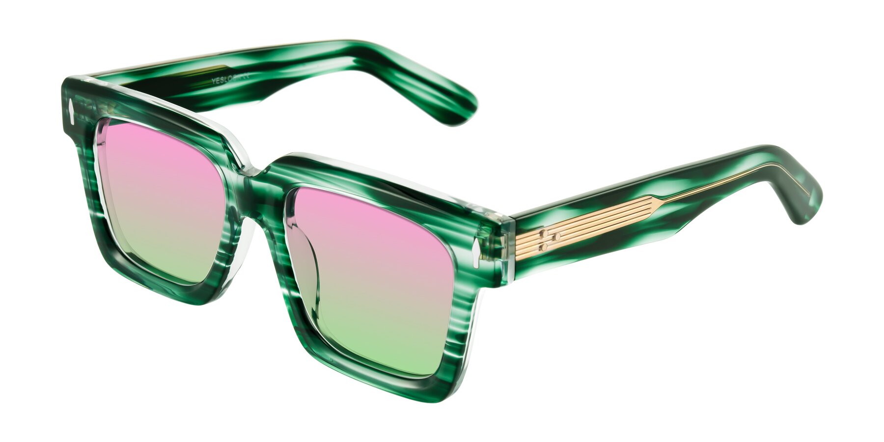 Angle of Phamn in Dark Green Striped with Pink / Green Gradient Lenses