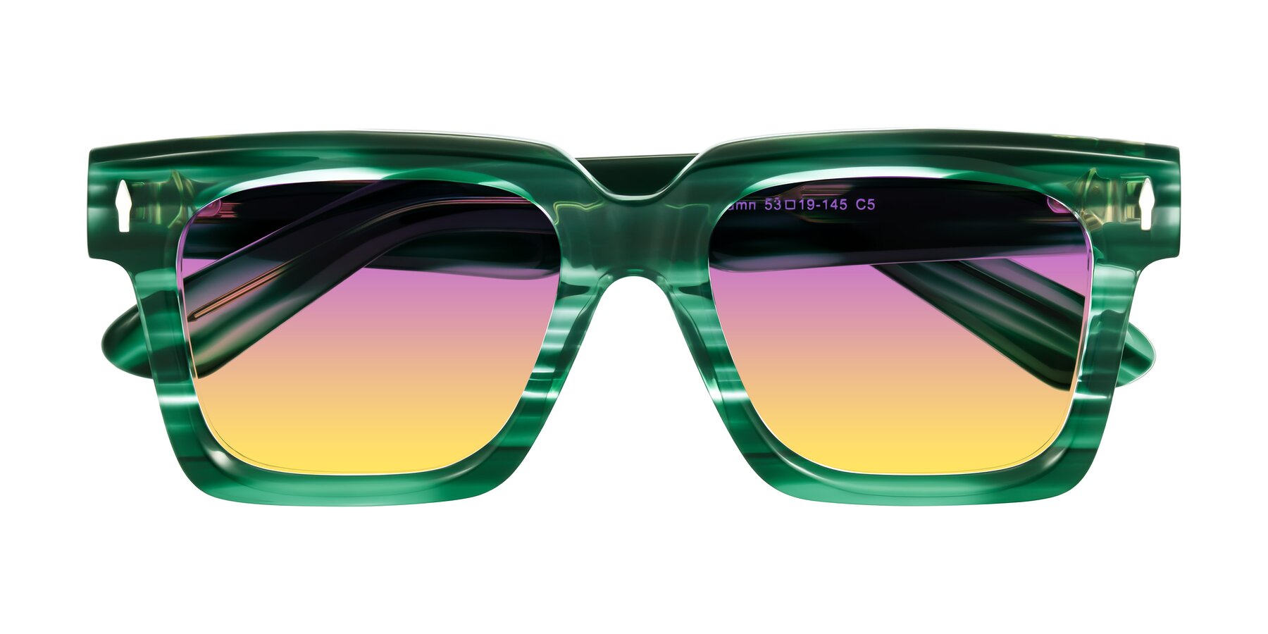 Folded Front of Phamn in Dark Green Striped with Purple / Yellow Gradient Lenses