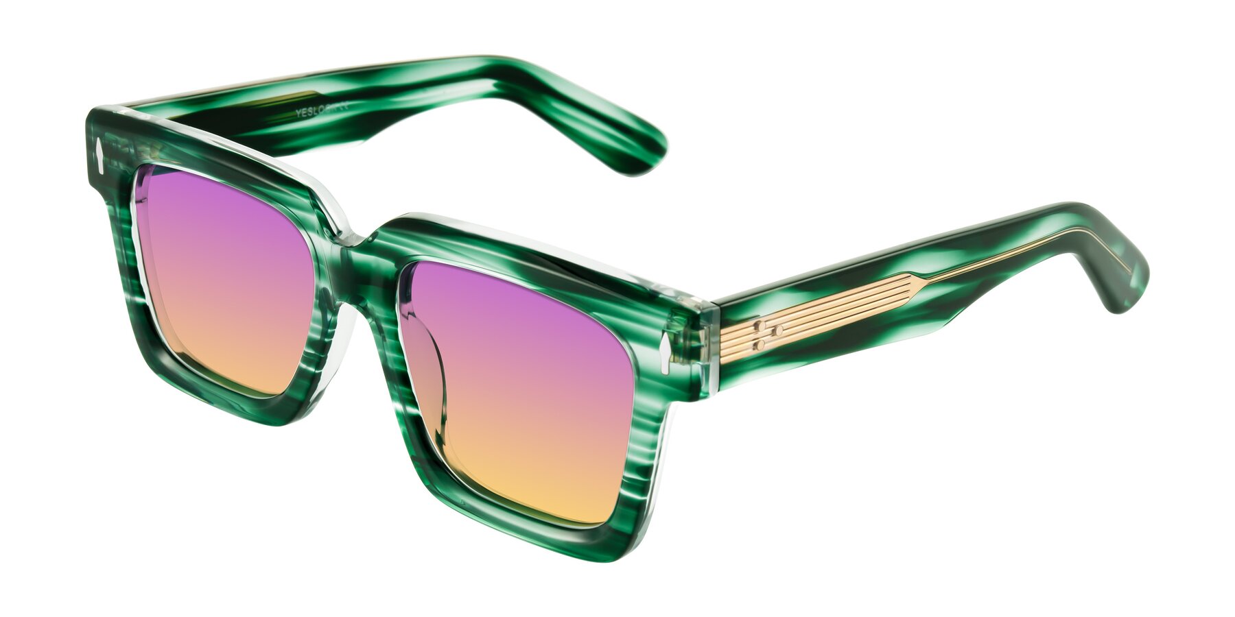 Angle of Phamn in Dark Green Striped with Purple / Yellow Gradient Lenses