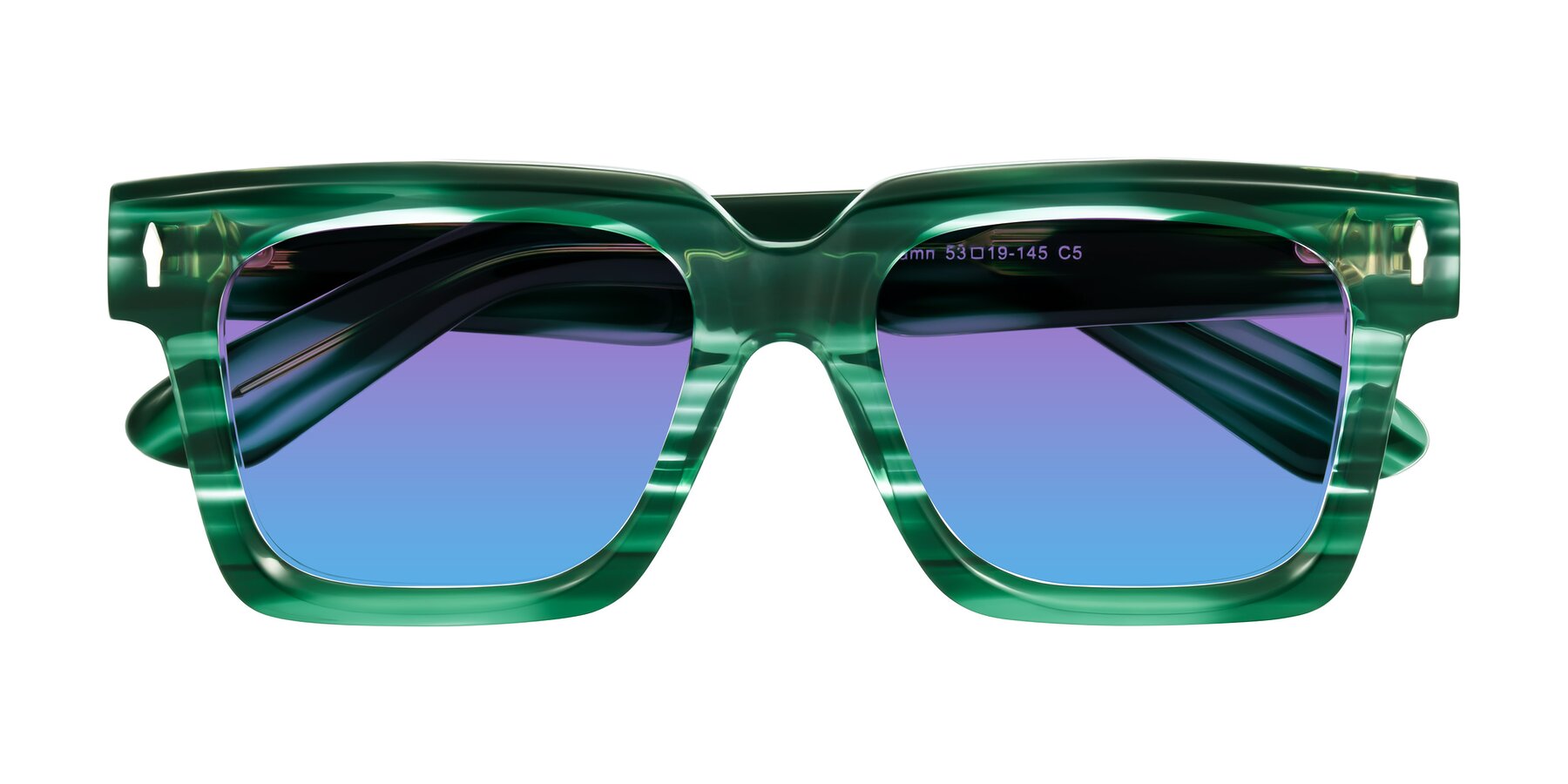 Folded Front of Phamn in Dark Green Striped with Purple / Blue Gradient Lenses