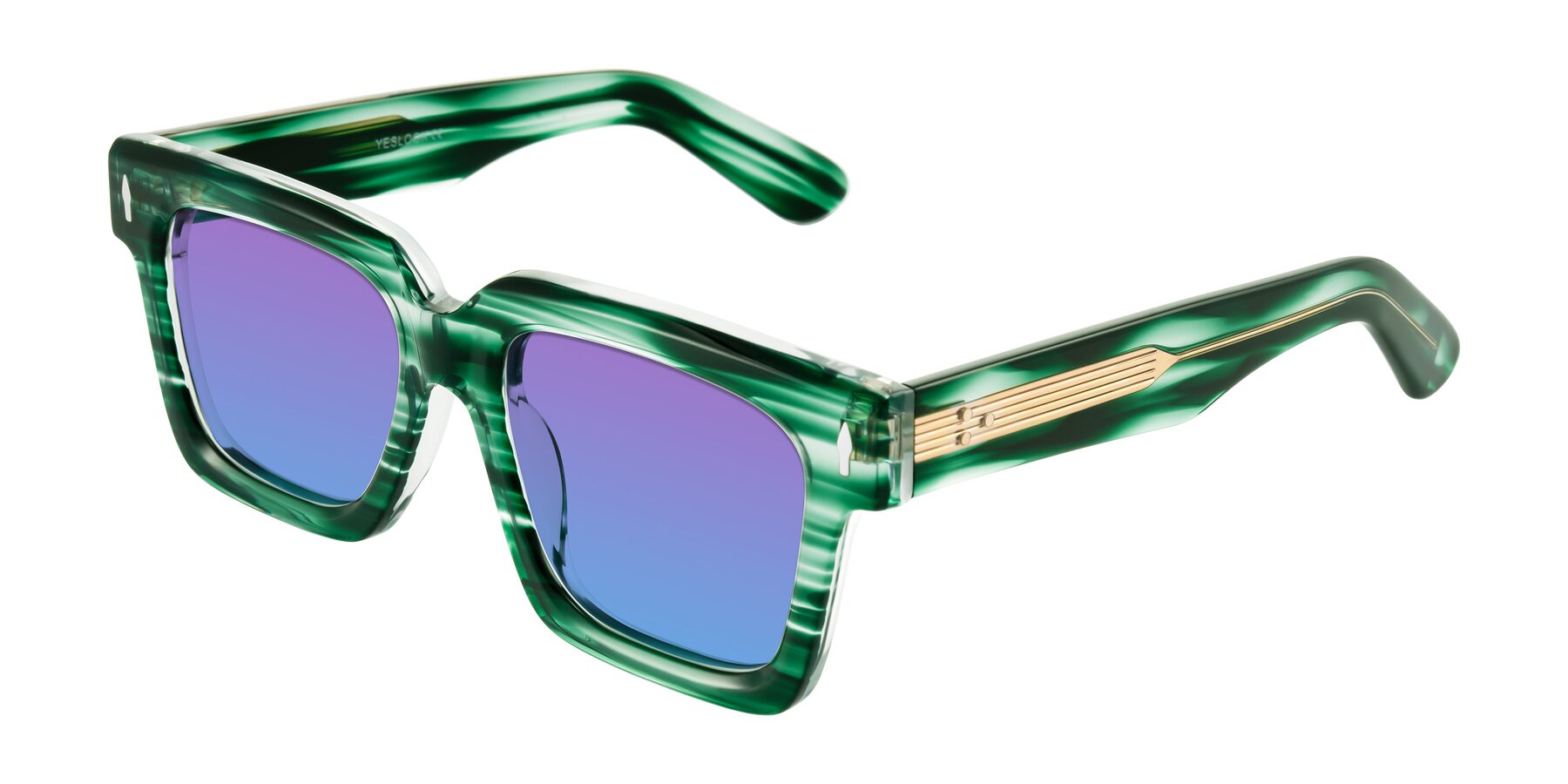 Angle of Phamn in Dark Green Striped with Purple / Blue Gradient Lenses