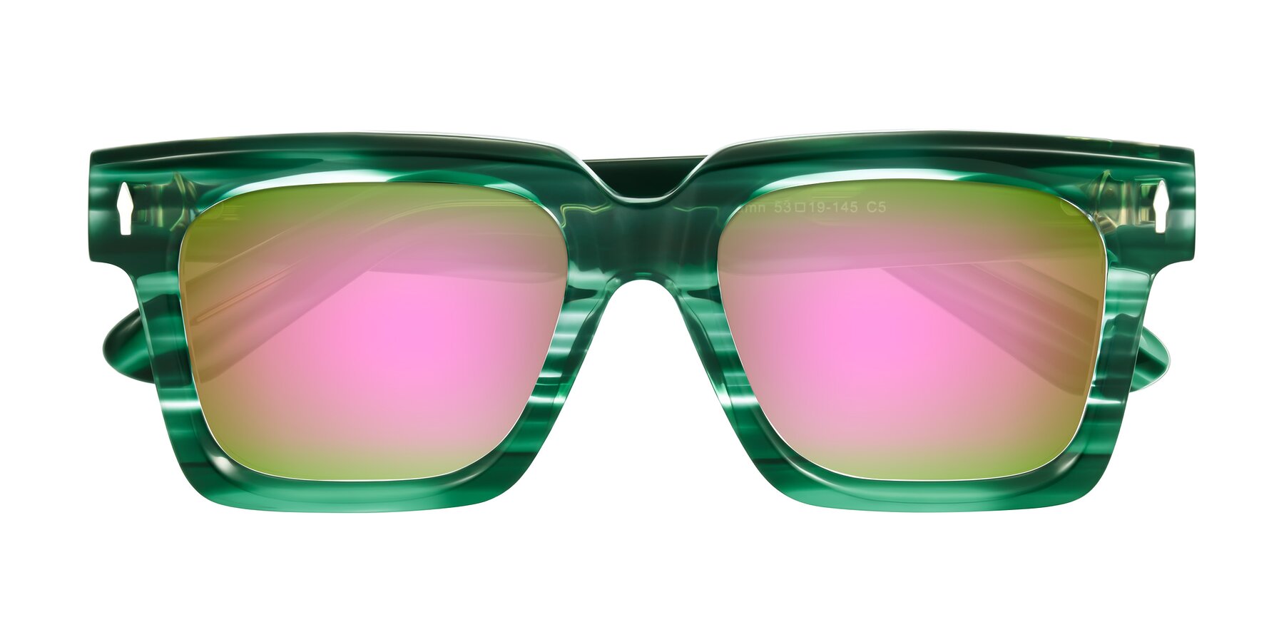 Folded Front of Phamn in Dark Green Striped with Pink Mirrored Lenses