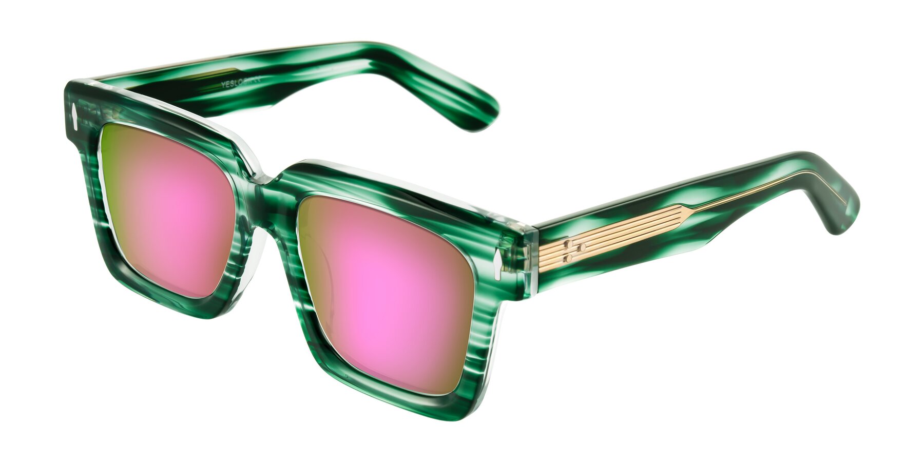 Angle of Phamn in Dark Green Striped with Pink Mirrored Lenses