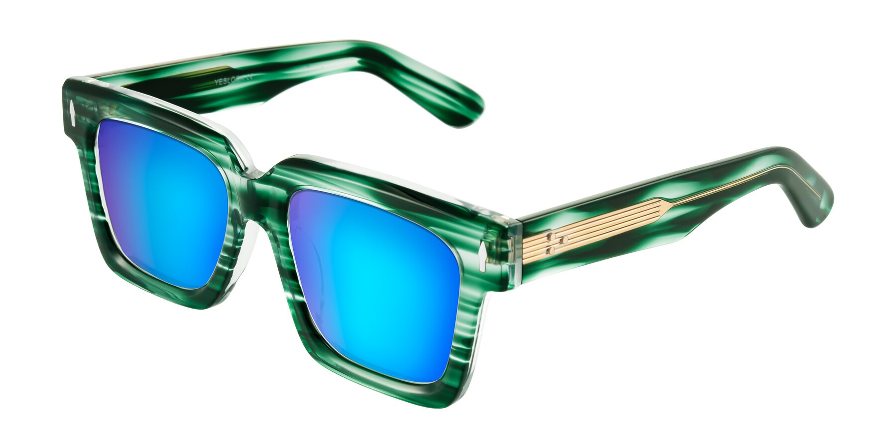 Angle of Phamn in Dark Green Striped with Blue Mirrored Lenses