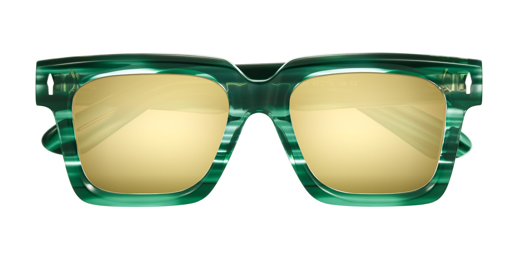 Folded Front of Phamn in Dark Green Striped with Gold Mirrored Lenses