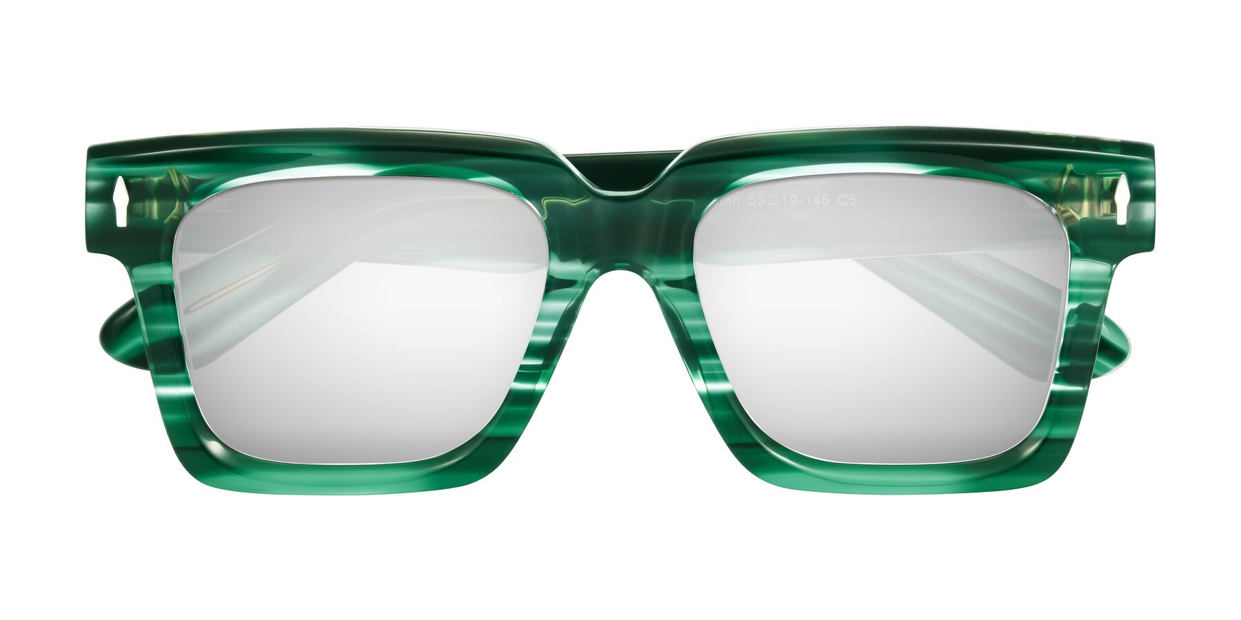 Folded Front of Phamn in Dark Green Striped with Silver Mirrored Lenses