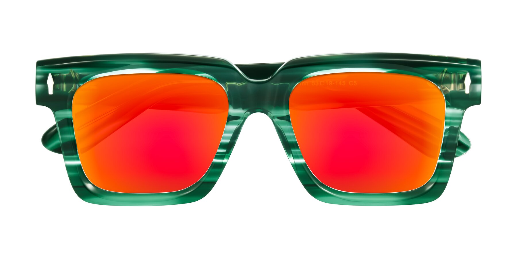 Folded Front of Phamn in Dark Green Striped with Red Gold Mirrored Lenses
