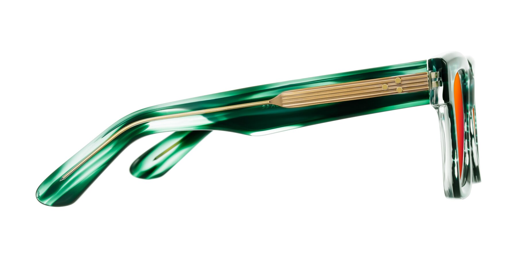 Side of Phamn in Dark Green Striped with Red Gold Mirrored Lenses