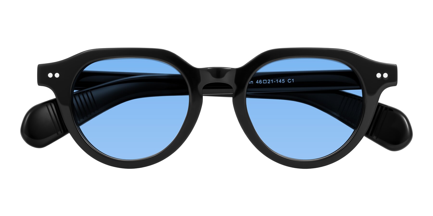 Folded Front of Rohamn in Black with Medium Blue Tinted Lenses