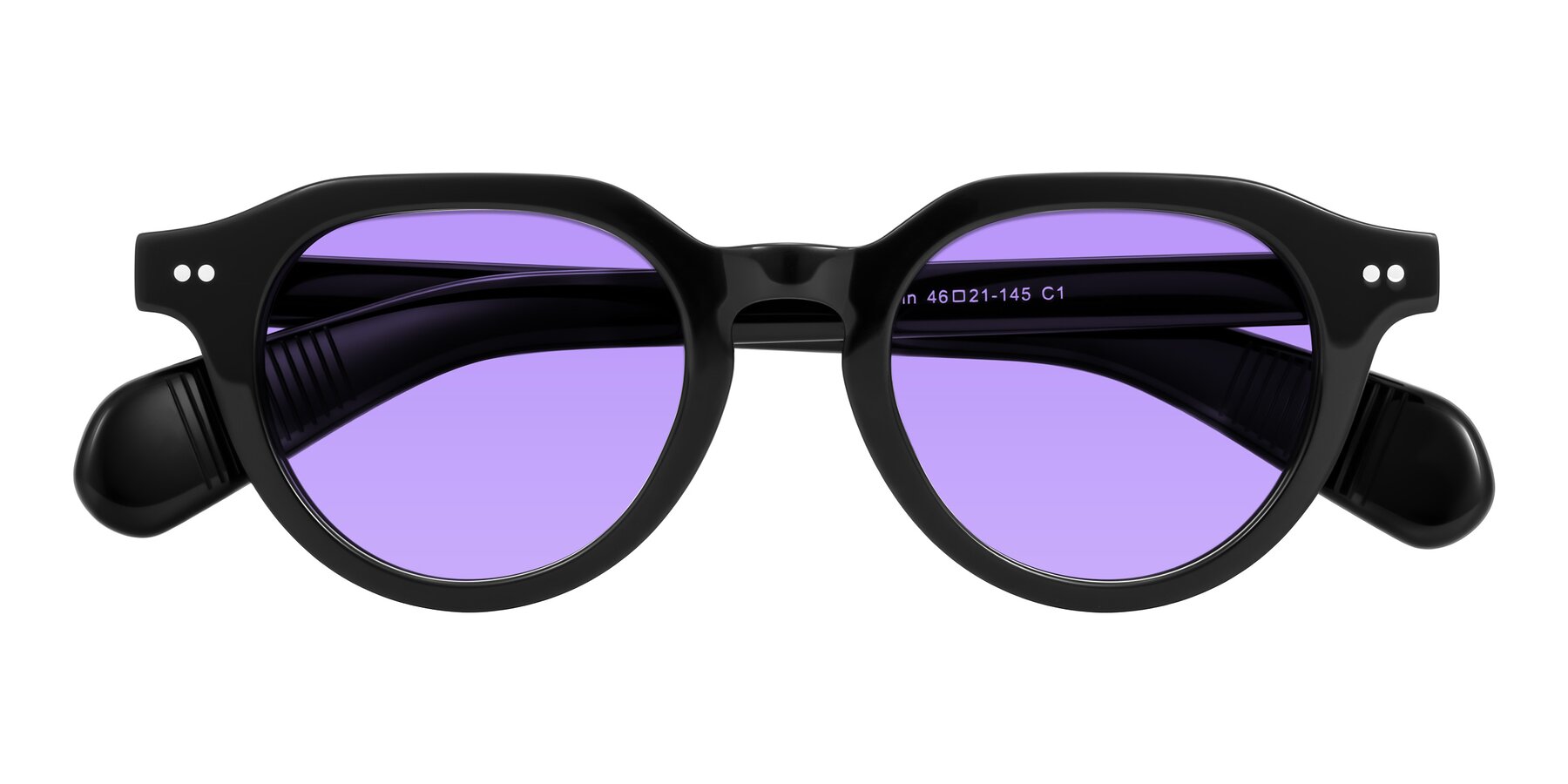 Folded Front of Rohamn in Black with Medium Purple Tinted Lenses