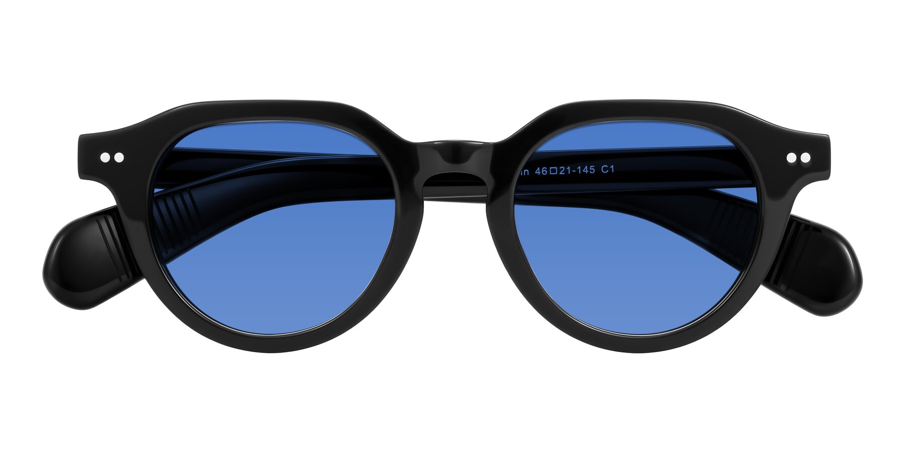 Folded Front of Rohamn in Black with Blue Tinted Lenses