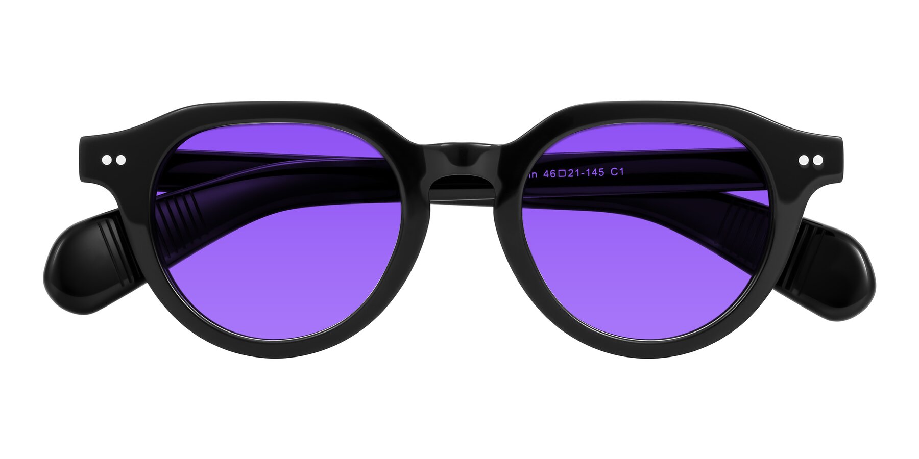 Folded Front of Rohamn in Black with Purple Tinted Lenses