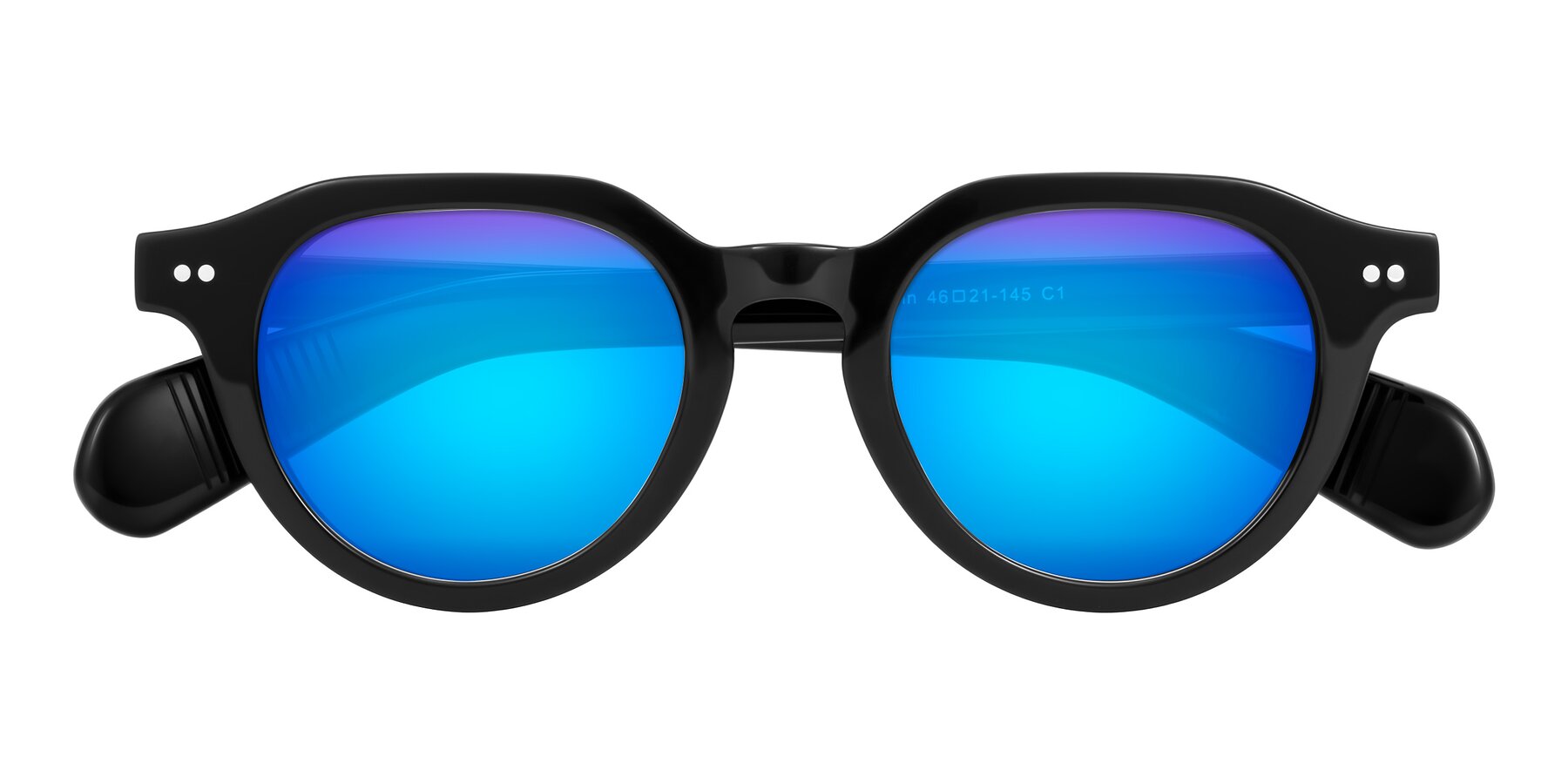 Folded Front of Rohamn in Black with Blue Mirrored Lenses