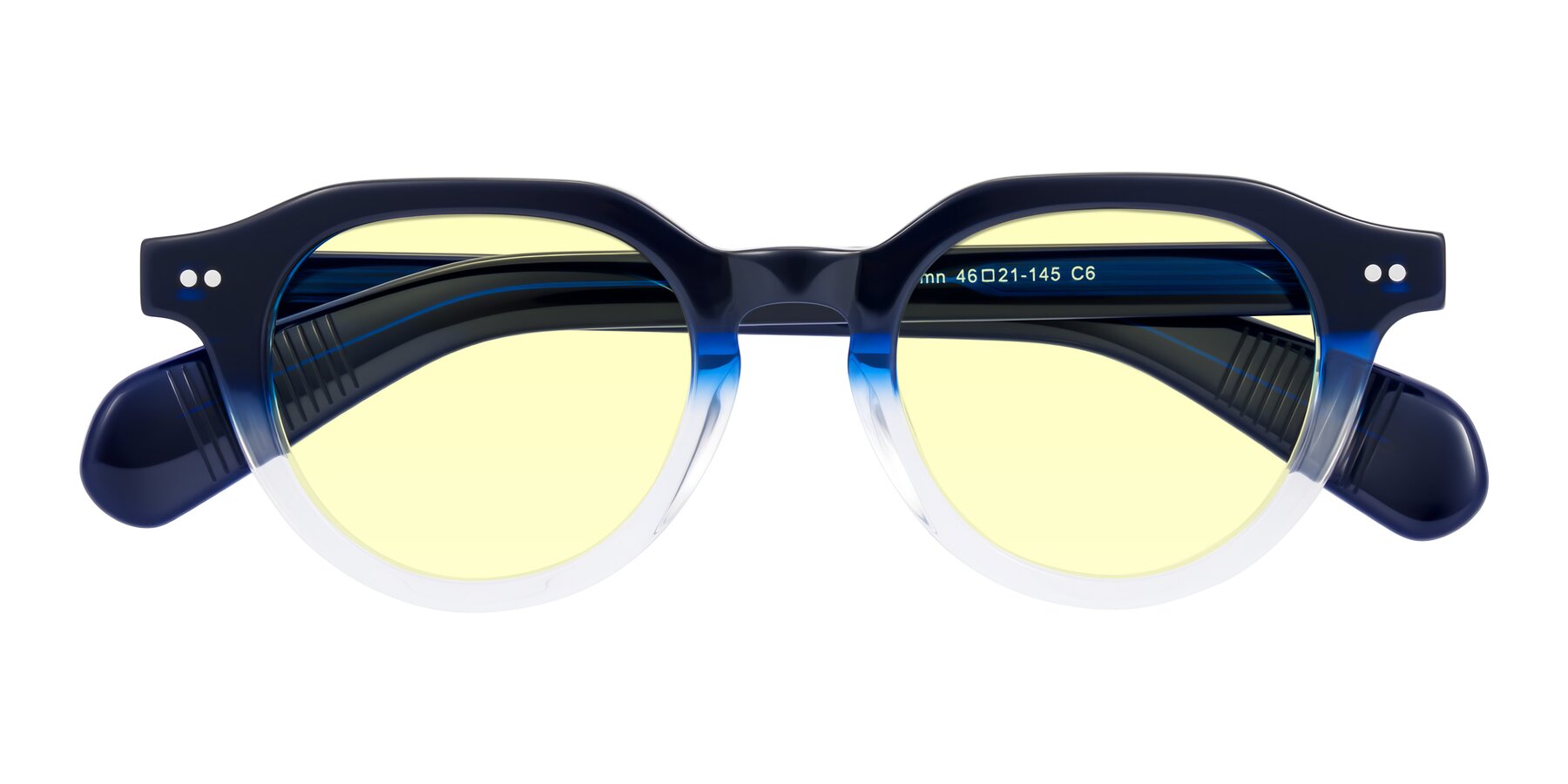Folded Front of Rohamn in Navy Blue/Clear with Light Yellow Tinted Lenses